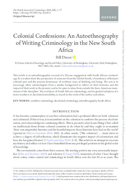 Colonial Confessions: An Autoethnography of Writing Criminology in the New South Africa Thumbnail