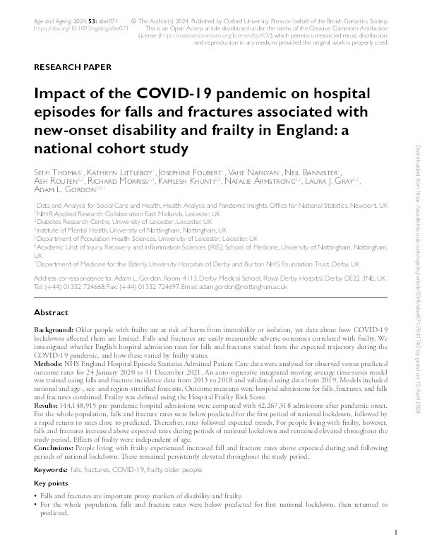 Impact of the COVID-19 pandemic on hospital episodes for falls and fractures associated with new-onset disability and frailty in England: a national cohort study Thumbnail