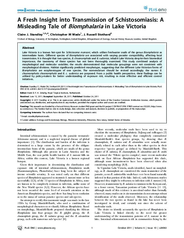 A fresh insight into transmission of schistosomiasis: A misleading tale of biomphalaria in Lake Victoria Thumbnail