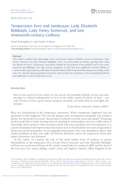 Temperance lives and landscape: Lady Elizabeth Biddulph, Lady Henry Somerset, and late nineteenth-century Ledbury Thumbnail