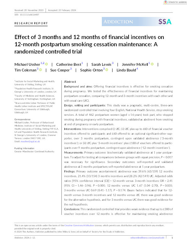 Effect of 3 months and 12 months of financial incentives on 12-month postpartum smoking cessation maintenance: a randomised controlled trial Thumbnail