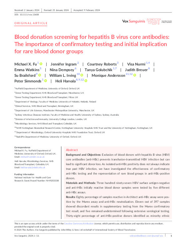 Blood donation screening for hepatitis B virus core antibodies: The importance of confirmatory testing and initial implication for rare blood donor groups Thumbnail