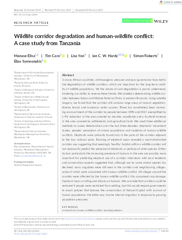 Wildlife corridor degradation and human-wildlife conflict: a case study from Tanzania Thumbnail