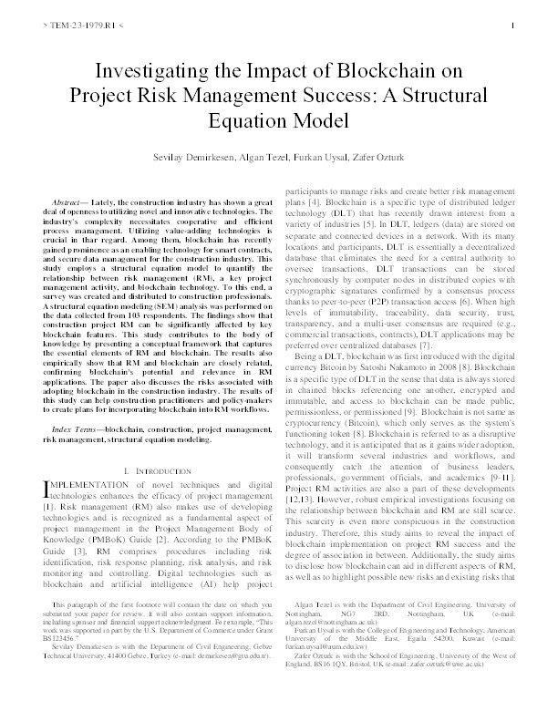 Investigating the Impact of Blockchain on Project Risk Management Success: A Structural Equation Model Thumbnail