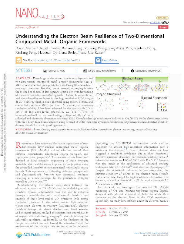 Understanding the Electron Beam Resilience of Two-Dimensional Conjugated Metal–Organic Frameworks Thumbnail