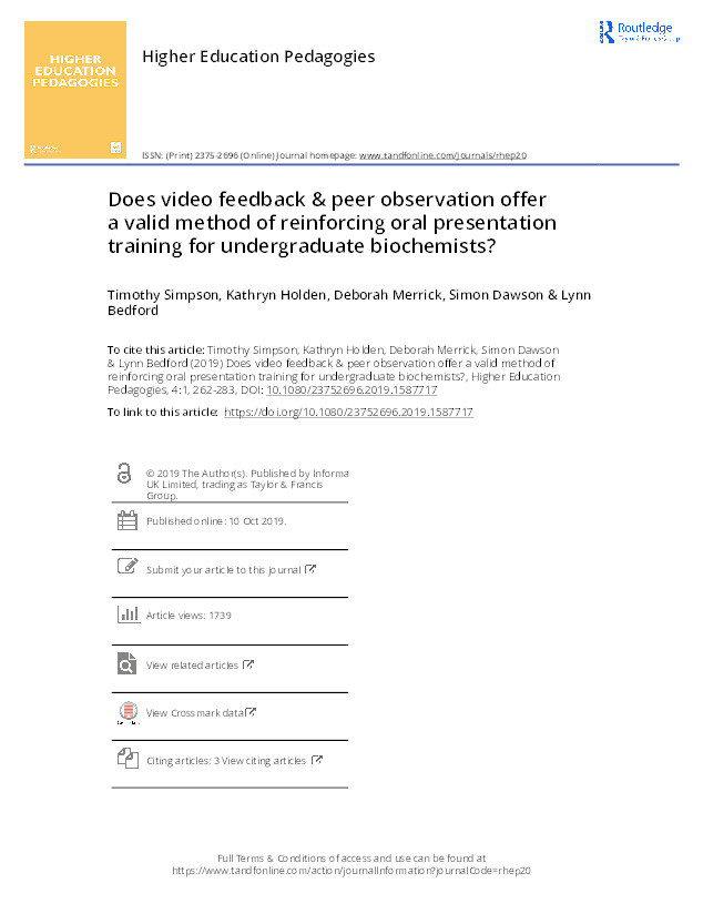 Does video feedback & peer observation offer a valid method of reinforcing oral presentation training for undergraduate biochemists? Thumbnail