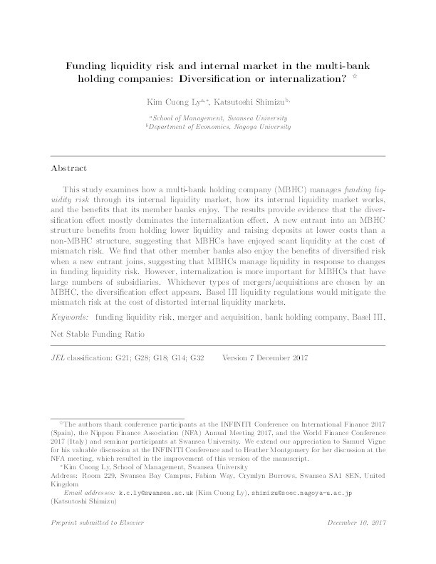 Funding liquidity risk and internal markets in multi-bank holding companies: Diversification or internalization? Thumbnail