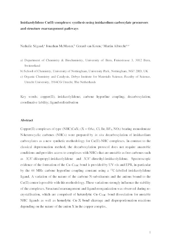 Imidazolylidene Cu(II) complexes: synthesis using imidazolium carboxylate precursors and structure rearrangement pathways Thumbnail