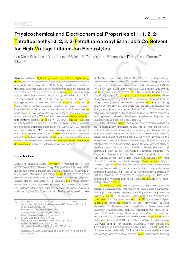 Physicochemical and Electrochemical Properties of 1,1,2,2-Tetrafluoroethyl-2,2,3,3-Tetrafluoropropyl Ether as a Co-Solvent for High-Voltage Lithium-Ion Electrolytes Thumbnail