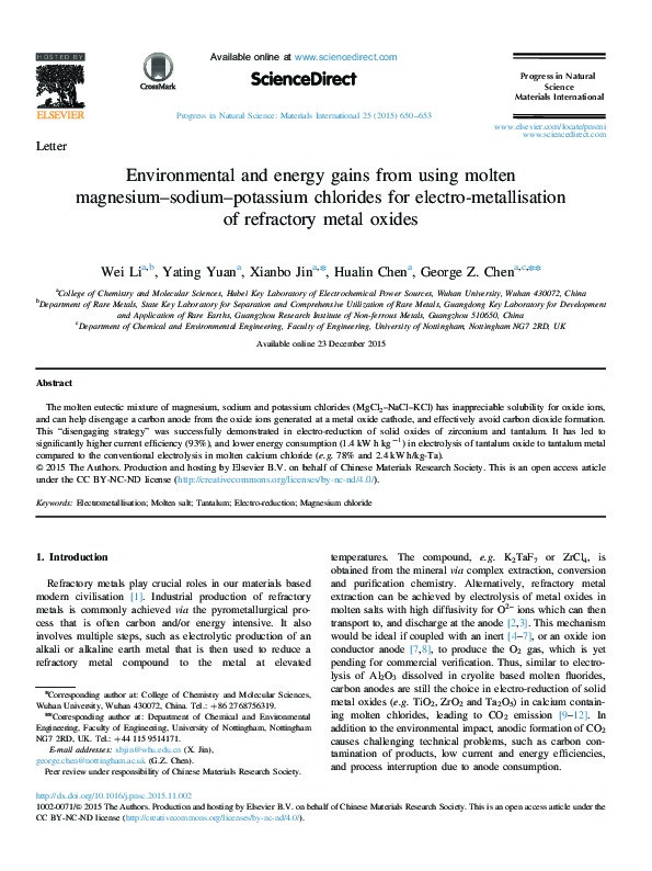 Environmental and energy gains from using molten magnesium-sodium-potassium chlorides for electro-metallisation of refractory metal oxides Thumbnail