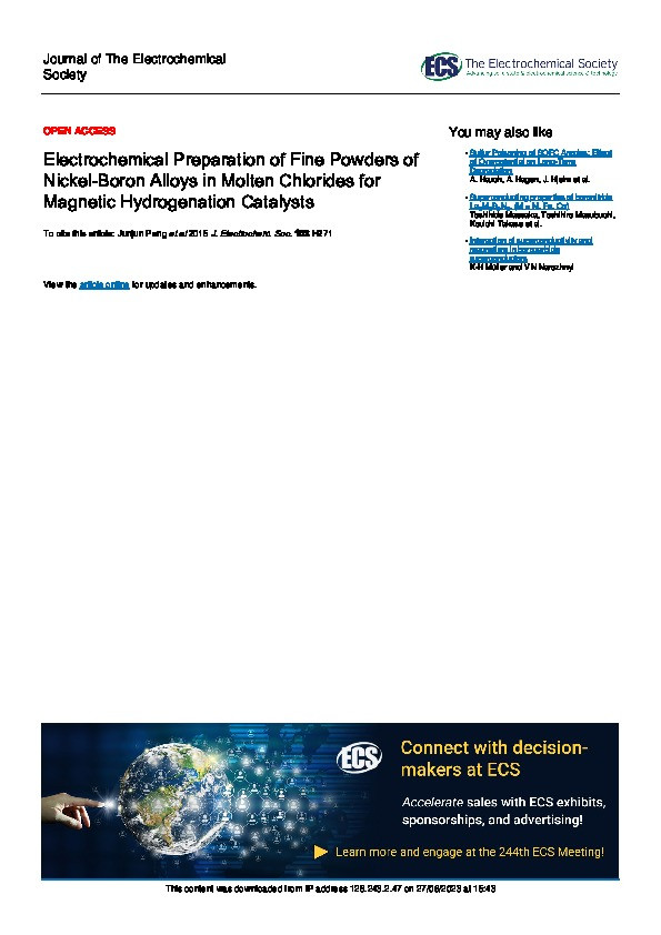 Electrochemical preparation of fine powders of nickel-boron alloys in molten chlorides for magnetic hydrogenation catalysts Thumbnail