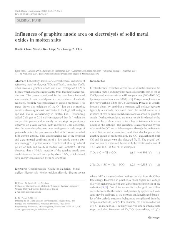 Influences of graphite anode area on electrolysis of solid metal oxides in molten salts Thumbnail