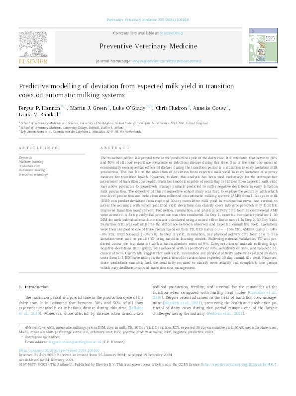 Predictive modelling of deviation from expected milk yield in transition cows on automatic milking systems Thumbnail