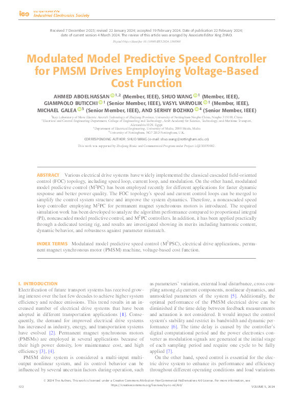 Modulated Model Predictive Speed Controller for PMSM Drives Employing Voltage Based Cost Function Thumbnail