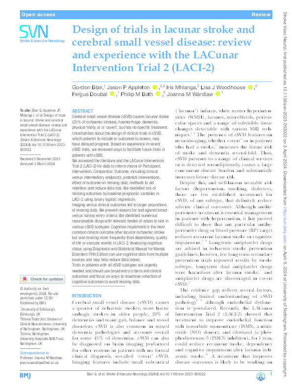 Design of trials in lacunar stroke and cerebral small vessel disease: review and experience with the LACunar Intervention Trial 2 (LACI-2) Thumbnail