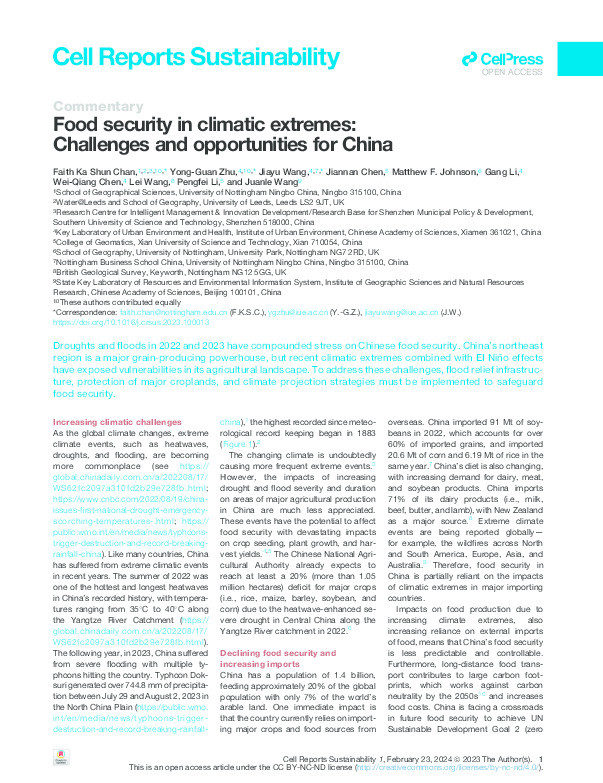 Food security in climatic extremes: Challenges and opportunities for China Thumbnail