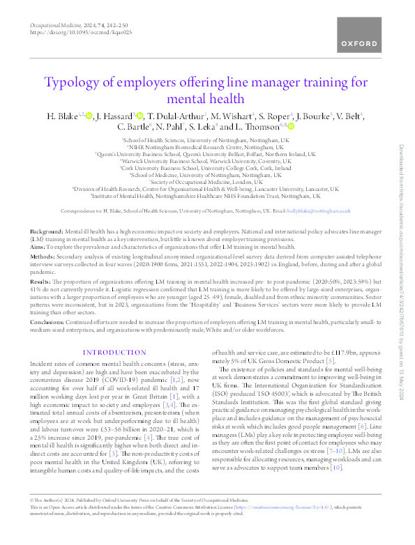 Typology of employers offering line manager training for mental health Thumbnail