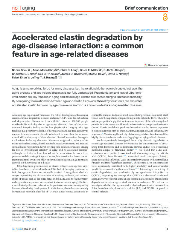 Accelerated elastin degradation by age-disease interaction: a common feature in age-related diseases Thumbnail