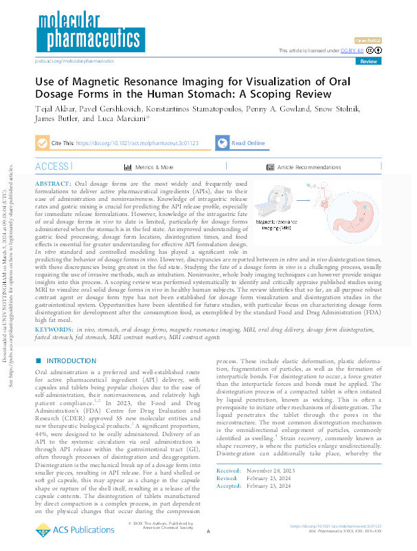 Use of Magnetic Resonance Imaging for Visualization of Oral Dosage Forms in the Human Stomach: A Scoping Review Thumbnail