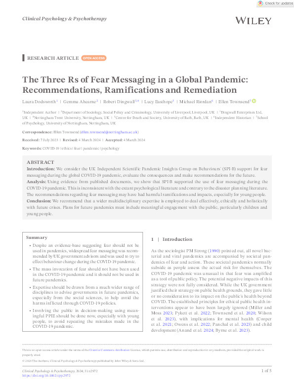 The Three Rs of Fear Messaging in a Global Pandemic: Recommendations, Ramifications and Remediation Thumbnail