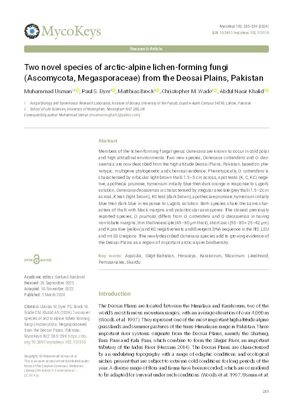 Two novel species of arctic-alpine lichen-forming fungi (Ascomycota, Megasporaceae) from the Deosai Plains, Pakistan Thumbnail
