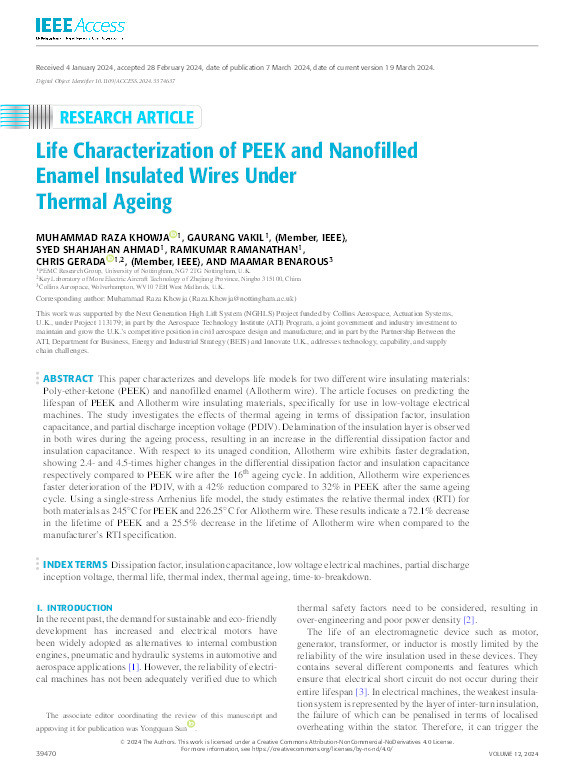 Life Characterization of PEEK and Nanofilled Enamel Insulated Wires Under Thermal Ageing Thumbnail