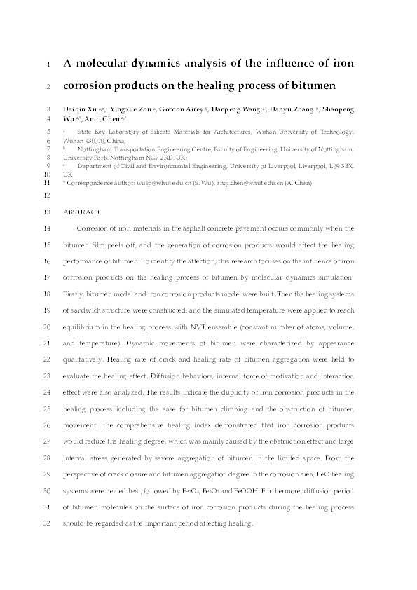 A molecular dynamics analysis of the influence of iron corrosion products on the healing process of bitumen Thumbnail