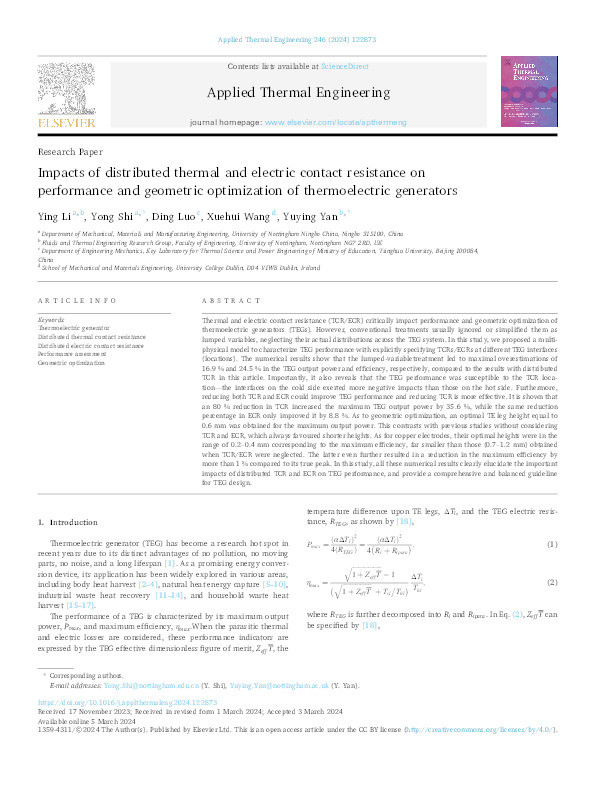 Impacts of distributed thermal and electric contact resistance on performance and geometric optimization of thermoelectric generators Thumbnail