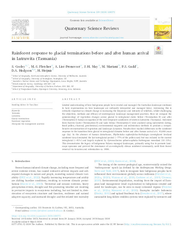 Rainforest response to glacial terminations before and after human arrival in Lutruwita (Tasmania) Thumbnail