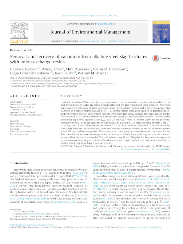 Removal and recovery of vanadium from alkaline steel slag leachates with anion exchange resins Thumbnail