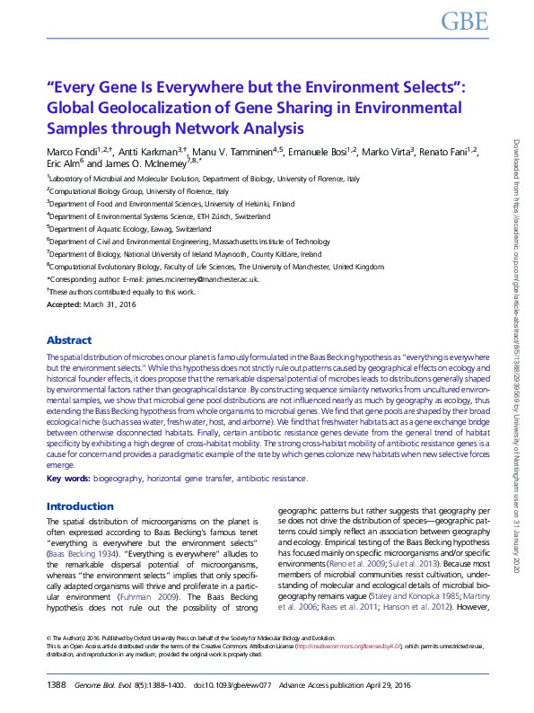 “Every gene is everywhere but the environment selects”: Global geolocalization of gene sharing in environmental samples through network analysis Thumbnail
