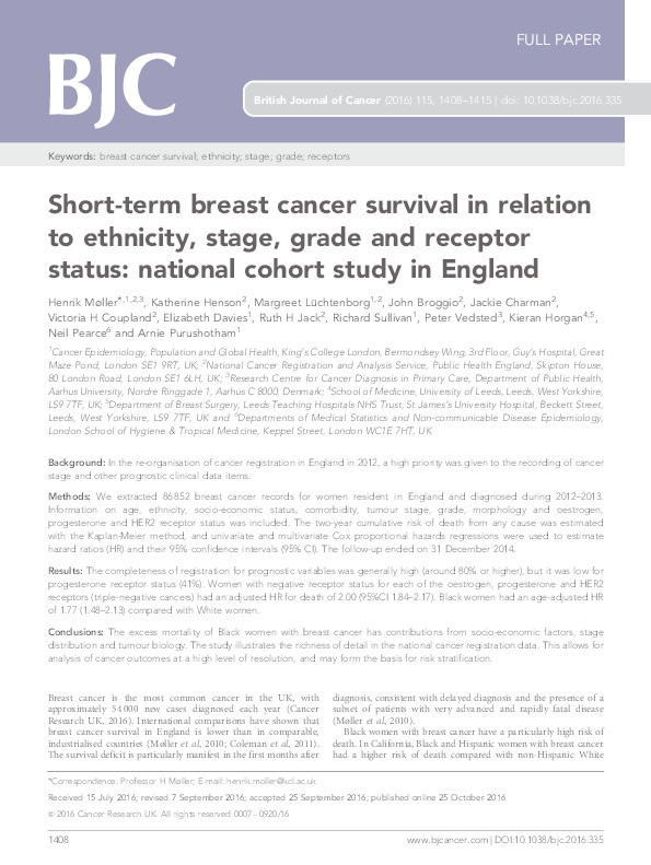 Short-term breast cancer survival in relation to ethnicity, stage, grade and receptor status: National cohort study in England Thumbnail