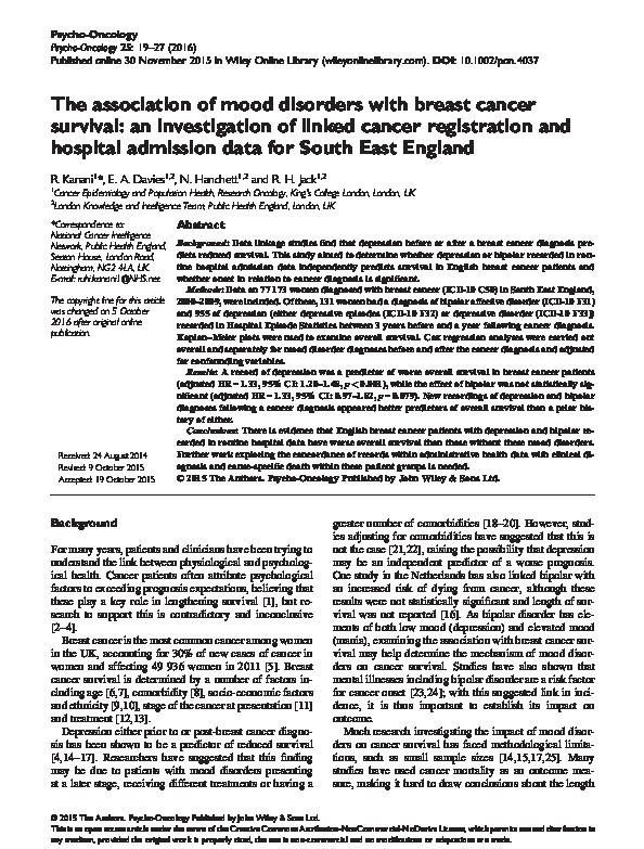 The association of mood disorders with breast cancer survival: An investigation of linked cancer registration and hospital admission data for South East England Thumbnail