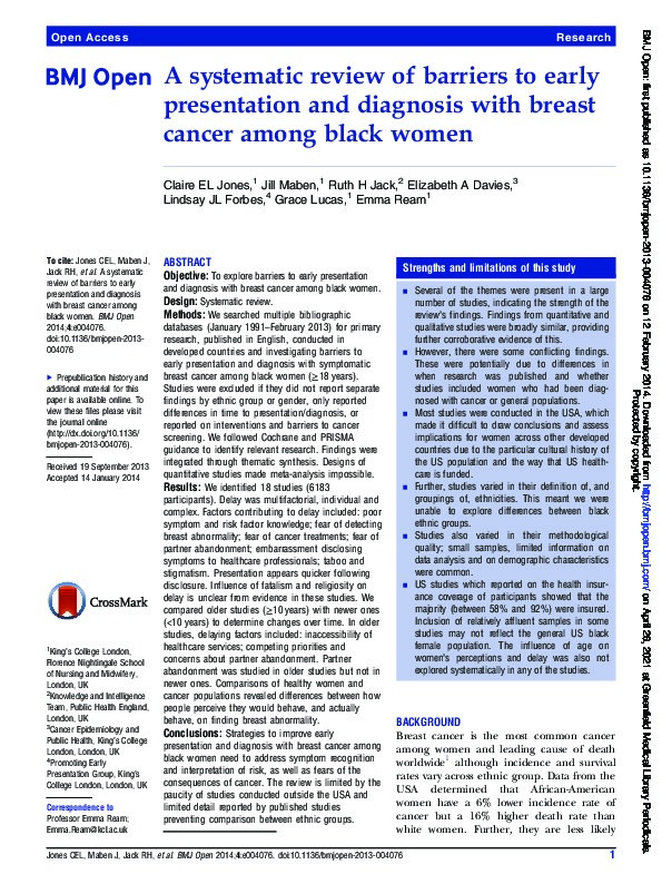 A systematic review of barriers to early presentation and diagnosis with breast cancer among black women Thumbnail