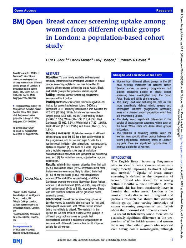 Breast cancer screening uptake among women from different ethnic groups in London: A population-based cohort study Thumbnail