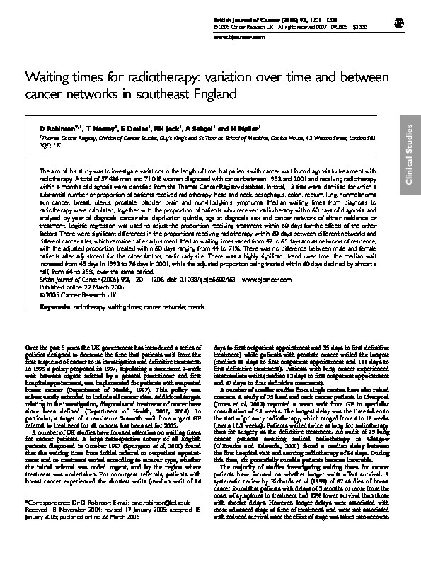 Waiting times for radiotherapy: Variation over time and between cancer networks in southeast England Thumbnail