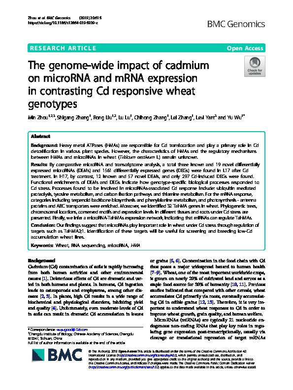 The genome-wide impact of cadmium on microRNA and mRNA expression in contrasting Cd responsive wheat genotypes Thumbnail