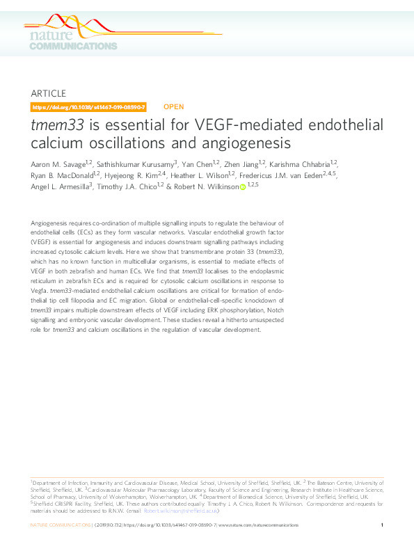 tmem33 is essential for VEGF-mediated endothelial calcium oscillations and angiogenesis Thumbnail