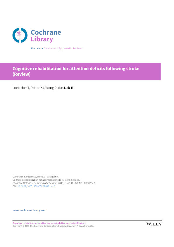 Cognitive rehabilitation for attention deficits following stroke Thumbnail