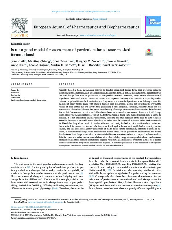 Is rat a good model for assessment of particulate-based taste-masked formulations? Thumbnail