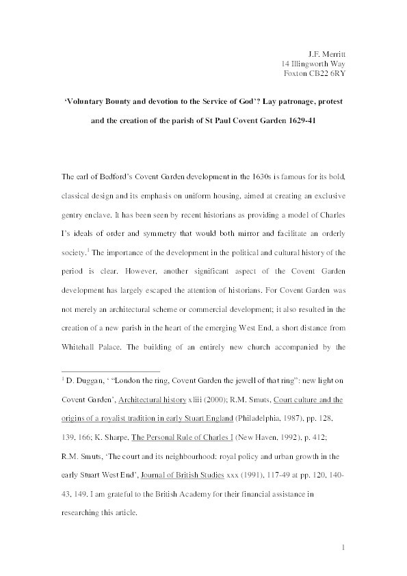 'Voluntary Bounty and Devotion to the Service of God'? Lay Patronage, Protest and the Creation of the Parish of St Paul Covent Garden, 1629-41 Thumbnail