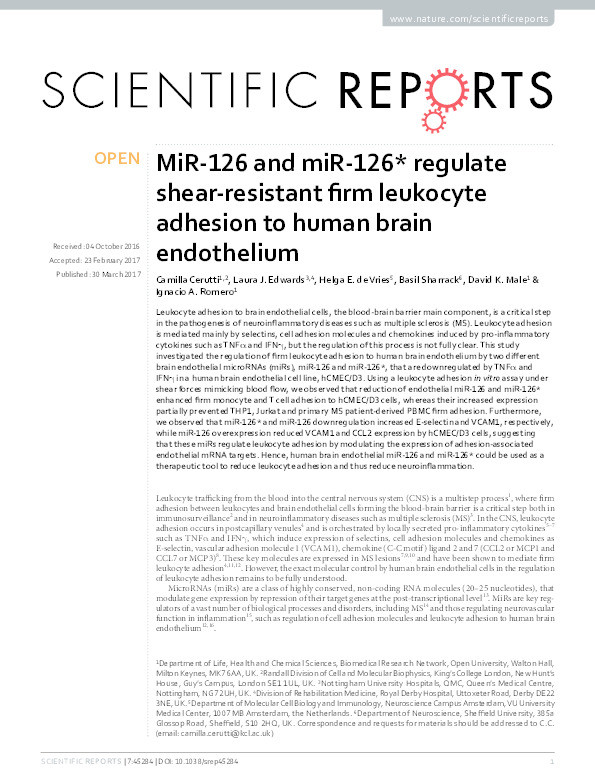 MiR-126 and miR-126* regulate shear-resistant firm leukocyte adhesion to human brain endothelium Thumbnail