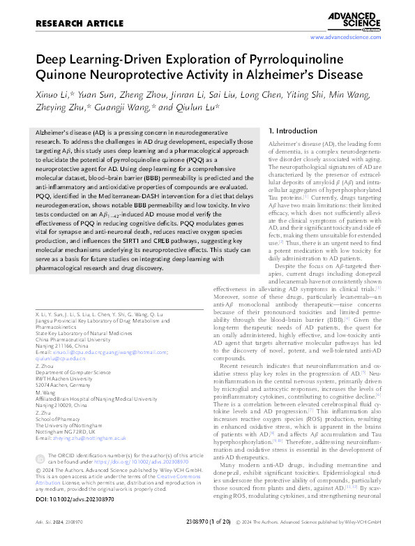 Deep Learning‐Driven Exploration of Pyrroloquinoline Quinone Neuroprotective Activity in Alzheimer's Disease Thumbnail