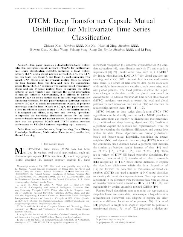 DTCM: Deep Transformer Capsule Mutual Distillation for Multivariate Time Series Classification Thumbnail
