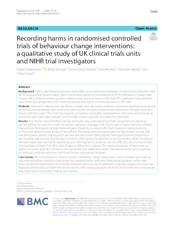 Recording harms in randomised controlled trials of behaviour change interventions: a qualitative study of UK clinical trials units and NIHR trial investigators Thumbnail