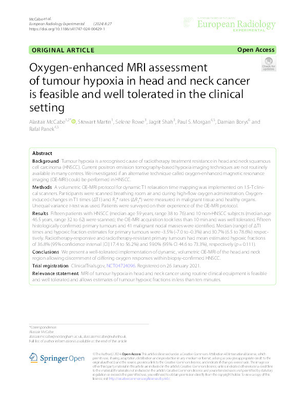 Oxygen-enhanced MRI assessment of tumour hypoxia in head and neck cancer is feasible and well tolerated in the clinical setting Thumbnail