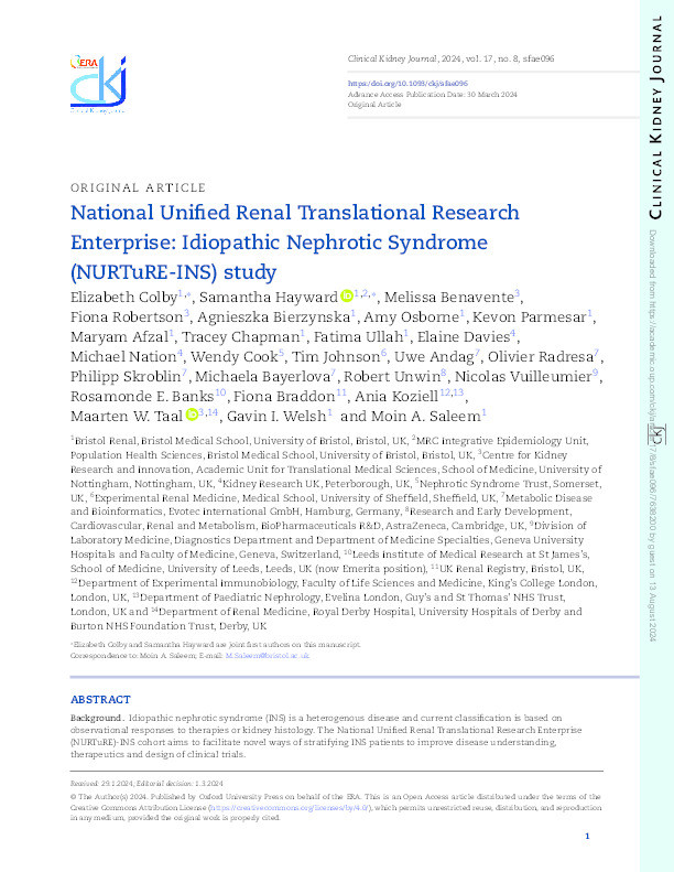 National Unified Renal Translational Research Enterprise: Idiopathic Nephrotic Syndrome (NURTuRE-INS) study Thumbnail