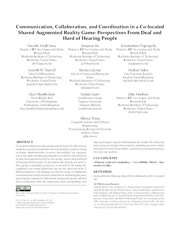 Communication, Collaboration, and Coordination in a Co-located Shared Augmented Reality Game: Perspectives From Deaf and Hard of Hearing People Thumbnail