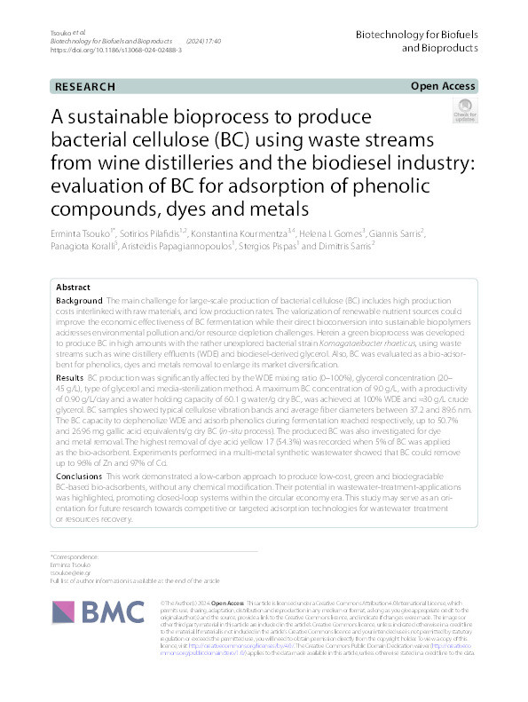 A sustainable bioprocess to produce bacterial cellulose (BC) using waste streams from wine distilleries and the biodiesel industry: evaluation of BC for adsorption of phenolic compounds, dyes and metals Thumbnail