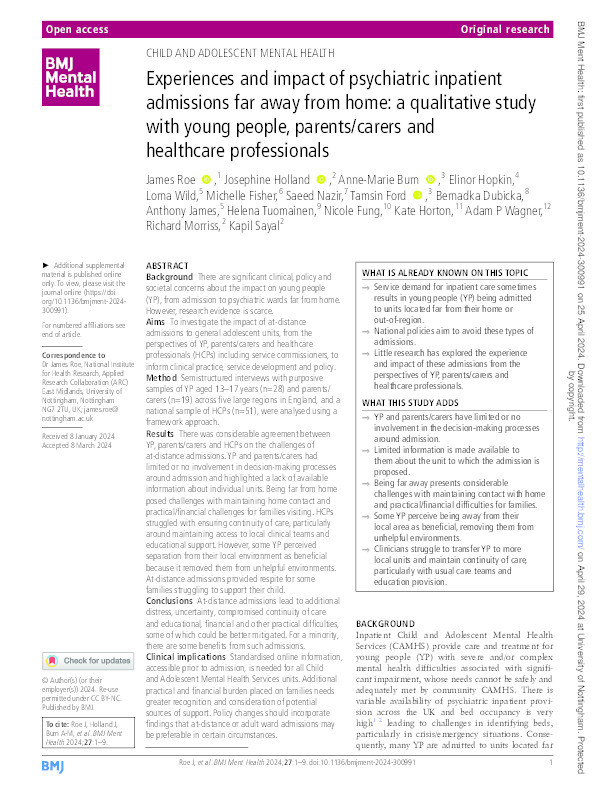Experiences and impact of psychiatric inpatient admissions far away from home: a qualitative study with young people, parents/carers and healthcare professionals Thumbnail